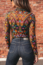 Cargar imagen en el visor de la galería, Color black Abstract Print Long Sleeve Stand Neck Mesh Top
