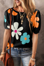 Load image into Gallery viewer, Black Flower/Bowknot Print Bubble Sleeve Tee
