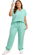 Cargar imagen en el visor de la galería, Mint Green Solid V-Neck Tee and Drawstring Plus Size Pants Set
