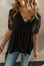 Cargar imagen en el visor de la galería, Black Eyelash Lace Sleeve V Neck Ruffle Babydoll Top
