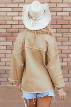 Cargar imagen en el visor de la galería, Khaki Pearl Beaded Raw Hem Button Up Denim Jacket
