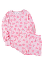 Cargar imagen en el visor de la galería, Pink Valentine Heart Shape Print Long Sleeve Top Shorts Lounge Set
