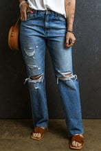 Load image into Gallery viewer, Light Blue Distressed Holes Raw Edge Straight Jeans
