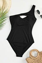 Cargar imagen en el visor de la galería, Black Ribbed One Shoulder Hollowed One Piece Swimsuit
