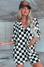 Cargar imagen en el visor de la galería, Black Checkerboard Print V Neck Loose Tee and Shorts Lounge Set
