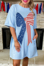 Load image into Gallery viewer, Beau Blue Patriotic Big Bow Stitched T Shift Mini Dress
