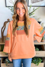Load image into Gallery viewer, Grapefruit Orange Plaid Floral Patchwork Kangaroo Pocket Hooded Long Sleeve Top
