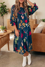 Cargar imagen en el visor de la galería, Blue Floral Print Gathered Neckline 7/8 Sleeve Casual Midi Dress

