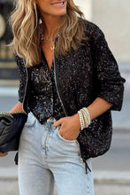 Cargar imagen en el visor de la galería, Black Sequin Zip up Round Neck Long Sleeve Jacket
