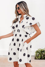 Load image into Gallery viewer, White Polka Dot Print Half Button Ruffled Short Sleeve Loose Mini Dress
