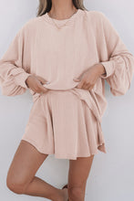 Load image into Gallery viewer, Jet Stream Corded Lantern Sleeve Top High Waist Ruffled Mini Skirt Set
