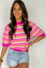 Cargar imagen en el visor de la galería, Red Striped Knitted Short Sleeve Sweater Top

