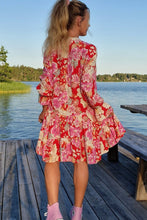 Load image into Gallery viewer, Red Floral Print High Waist V Neck Babydoll Mini Dress
