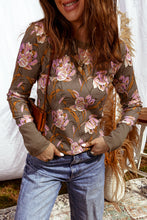 Load image into Gallery viewer, Brown Floral Print Waffle Textured Long Sleeve Top

