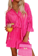 Load image into Gallery viewer, Hot Pink 3/4 Sleeves Pleated Shirt and High Waist Shorts Lounge Set
