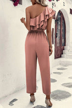 Load image into Gallery viewer, Dusty Pink One Shoulder Ruffle Trim Belted Jumpsuit
