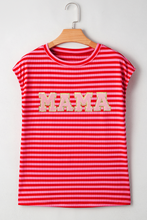 Load image into Gallery viewer, Red Stripe MAMA Graphic Cap Sleeve T Shirt
