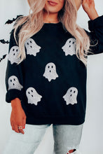 Load image into Gallery viewer, Black Glitter Ghost Pattern Crew Neck Halloween Sweatshirt
