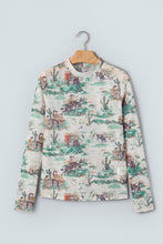 Load image into Gallery viewer, Green Western Print Long Sleeve Round Neck Slim Top

