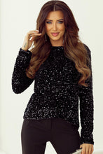 Load image into Gallery viewer, Black Sequin Long Sleeve Cutout Back Top
