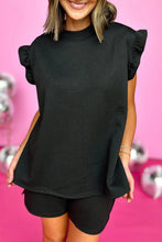 Cargar imagen en el visor de la galería, Black Textured Ruffle Split Top and Drawstring Shorts
