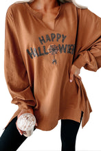 Cargar imagen en el visor de la galería, Chestnut Sequin Happy Halloween Graphic Notched Neck Long Sleeve Loose Top
