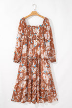 Cargar imagen en el visor de la galería, Brown Floral Print Shirred Square Neck High Waist Maxi Dress
