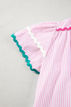 Cargar imagen en el visor de la galería, Pink Stripe Ricrac Trim Split Neck Striped Ruffled Sleeve Blouse
