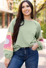 Load image into Gallery viewer, Smoke Green Flower Patchwork Raglan Sleeve Exposed Seam Oversized Top
