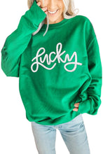 Load image into Gallery viewer, Green LUCKY Aphabet Chenille Embroidered Pullover Sweatshirt
