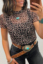 Cargar imagen en el visor de la galería, Khaki Leopard Print Sheer Mesh Short Sleeve Top
