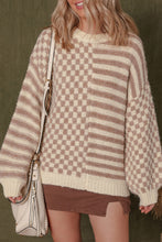 Load image into Gallery viewer, Khaki Stripe Checkerboard Drop Shoulder Balloon Sleeve Sweater
