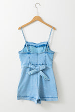 Cargar imagen en el visor de la galería, Beau Blue Spaghetti Straps Belted Denim Romper
