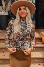 Cargar imagen en el visor de la galería, Brown Floral Long Sleeve High Neck Sheath Mesh Blouse
