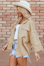 Cargar imagen en el visor de la galería, Khaki Pearl Beaded Raw Hem Button Up Denim Jacket
