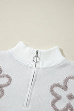 Load image into Gallery viewer, White Contrast Flower Half Zipper Stand Neck Sweater
