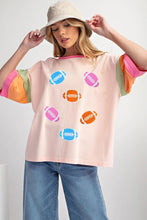 Load image into Gallery viewer, Pink Rugby Chenille Embroidered Color Block Half Sleeve T Shirt
