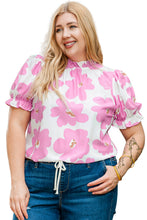 Load image into Gallery viewer, Purple Floral Ruffled Mock Neck Puff Sleeve Plus Size Blouse
