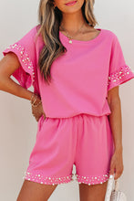 Cargar imagen en el visor de la galería, Bright Pink Textured Pearled Ruffle Sleeve Top 2 Piece Shorts Set

