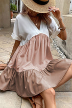 Load image into Gallery viewer, Light French Beige Triple Colors V Neck Folded Cuffs Tiered Loose Dress
