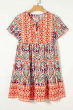 Cargar imagen en el visor de la galería, Orange Bohemian Print Tie Neck Ruffle Hem Short Dress
