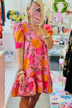 Load image into Gallery viewer, Pink Floral Bubble Sleeve V Neck Ruffled Mini Dress
