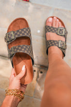 Load image into Gallery viewer, Coffee Geometric Print Cut Out Buckle PU Leather Flat Slippers
