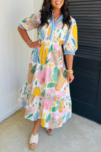 Load image into Gallery viewer, Multicolour Floral Doodle Print Striped Trim V Neck Midi Dress
