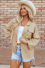 Cargar imagen en el visor de la galería, Khaki Pearl Beaded Raw Hem Button Up Denim Jacket
