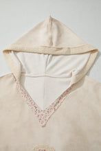 Load image into Gallery viewer, Beige Floral Patched Waffle Textured Colorblock V Neck Casual Hooded Top
