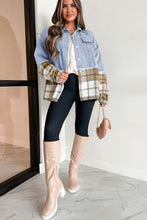 Cargar imagen en el visor de la galería, Khaki Plaid Patchwork Buttoned Oversized Denim Jacket
