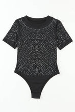 Load image into Gallery viewer, Black Rhinestone Allover Round Neck Short Sleeve Bodysuit
