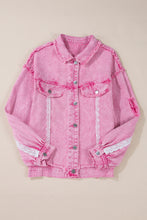 Load image into Gallery viewer, Pink Lace Patchwork Distressed Buttoned Denim Jacket
