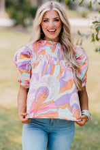 Cargar imagen en el visor de la galería, Pink Abstract Print Bubble Sleeve Smock Detail Blouse
